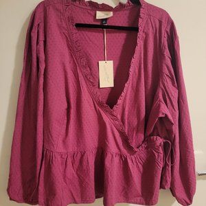 Universal Thread 2X NWT Cranberry Pink Swiss Dot Cotton Peplum Ruffle Wrap Top